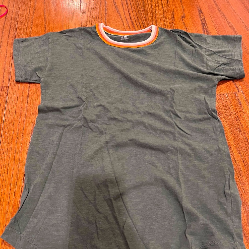 Madewell Dark Green Short Sleeve Tee With Striped Colored Neckline XXS